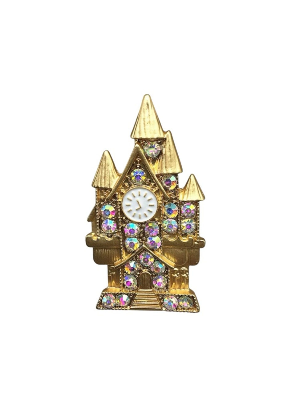 Castle Clock Bell Tower Gold & Iridescent Brooch Pin